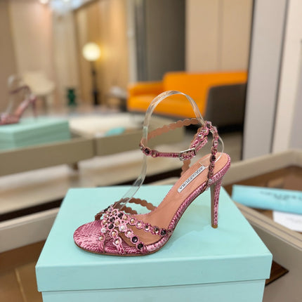 AQUAZZURA 26S STRAPPY HIGH HEELS 105 MM IN PINK SNAKESKIN