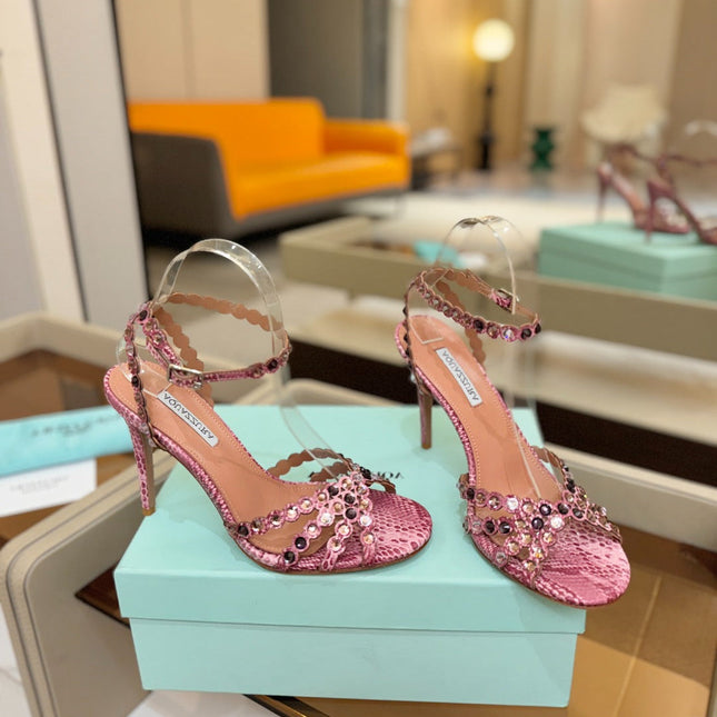 AQUAZZURA 26S STRAPPY HIGH HEELS 105 MM IN PINK SNAKESKIN