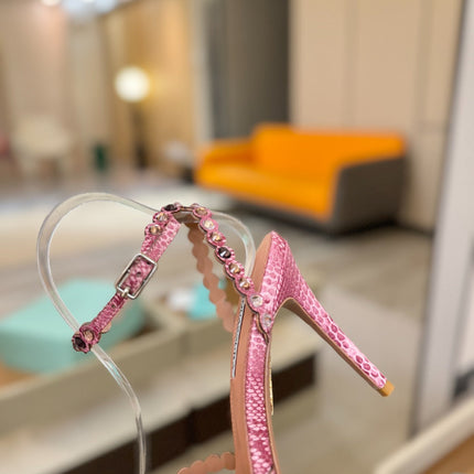 AQUAZZURA 26S STRAPPY HIGH HEELS 105 MM IN PINK SNAKESKIN