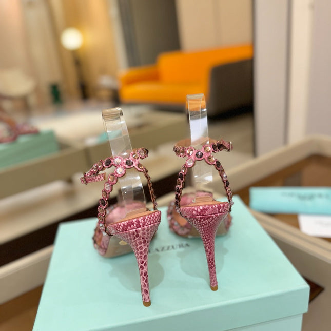 AQUAZZURA 26S STRAPPY HIGH HEELS 105 MM IN PINK SNAKESKIN