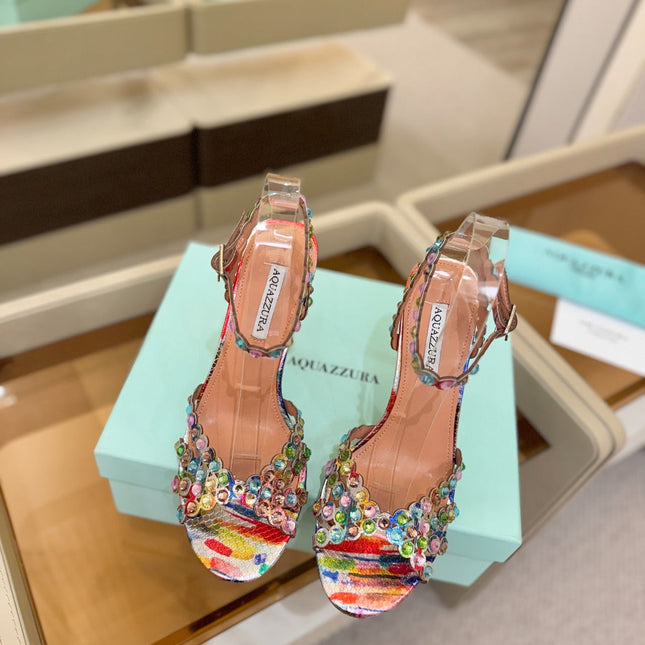 AQUAZZURA 26S STRAPPY HIGH HEELS 105 MM IN MULTICOLOR SNAKESKIN