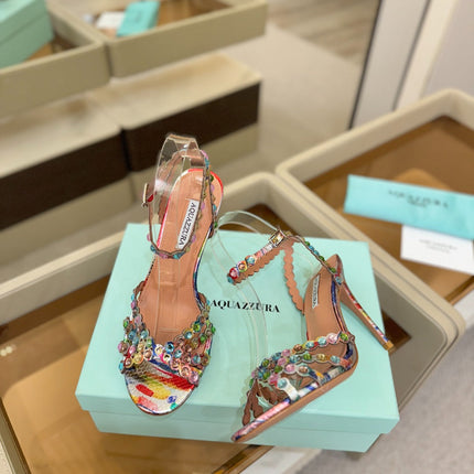AQUAZZURA 26S STRAPPY HIGH HEELS 105 MM IN MULTICOLOR SNAKESKIN