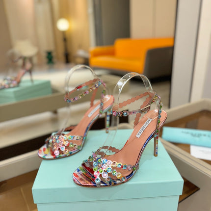 AQUAZZURA 26S STRAPPY HIGH HEELS 105 MM IN MULTICOLOR SNAKESKIN