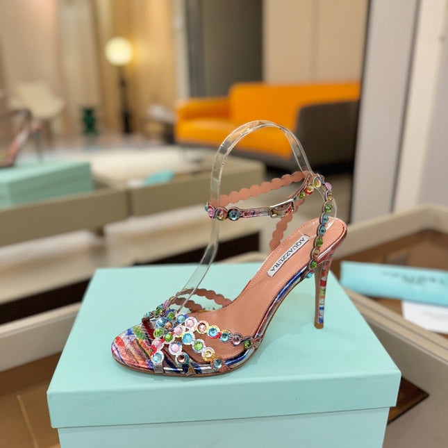 AQUAZZURA 26S STRAPPY HIGH HEELS 105 MM IN MULTICOLOR SNAKESKIN