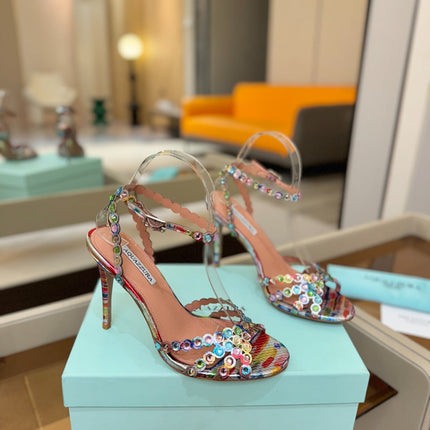 AQUAZZURA 26S STRAPPY HIGH HEELS 105 MM IN MULTICOLOR SNAKESKIN