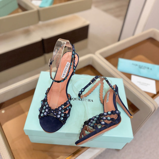 AQUAZZURA 26S STRAPPY HIGH HEELS 105 MM IN NAVY BLUE SUEDE