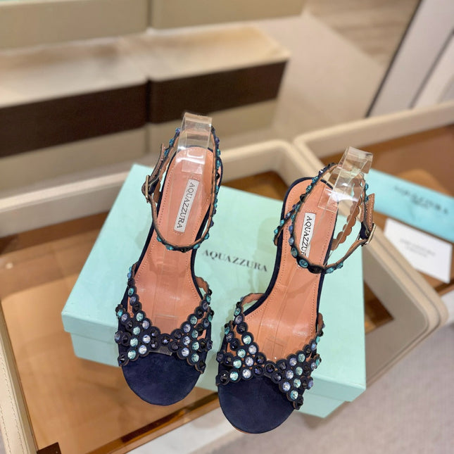 AQUAZZURA 26S STRAPPY HIGH HEELS 105 MM IN NAVY BLUE SUEDE