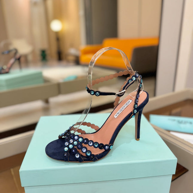 AQUAZZURA 26S STRAPPY HIGH HEELS 105 MM IN NAVY BLUE SUEDE