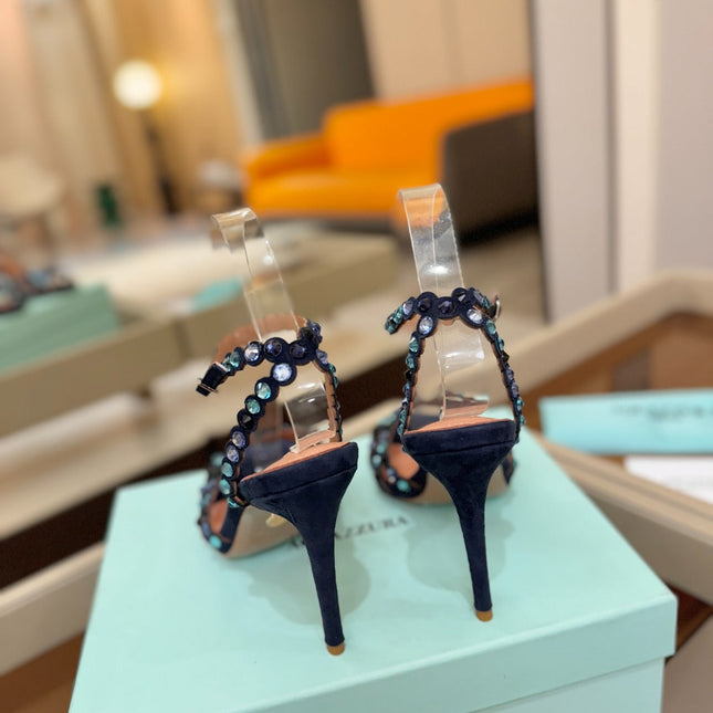 AQUAZZURA 26S STRAPPY HIGH HEELS 105 MM IN NAVY BLUE SUEDE