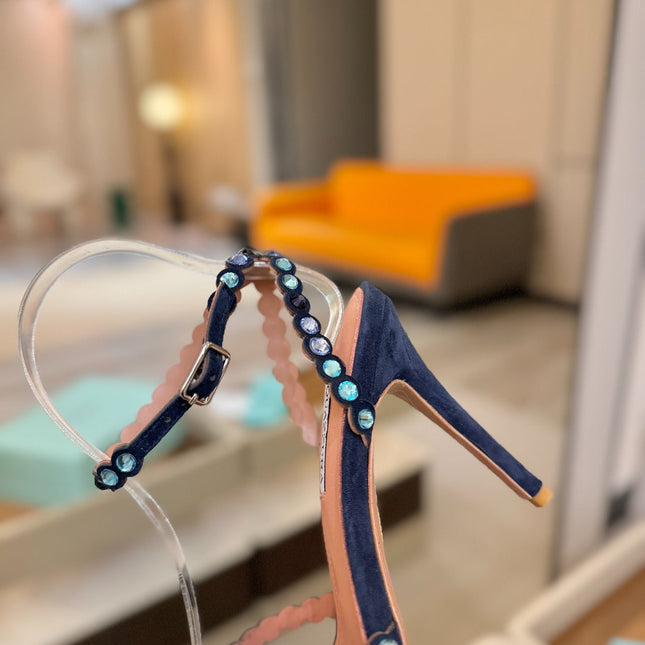 AQUAZZURA 26S STRAPPY HIGH HEELS 105 MM IN NAVY BLUE SUEDE