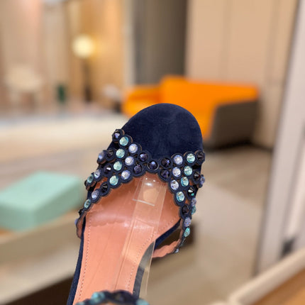 AQUAZZURA 26S STRAPPY HIGH HEELS 105 MM IN NAVY BLUE SUEDE