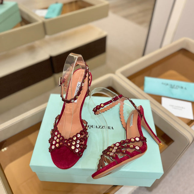 AQUAZZURA 26S STRAPPY HIGH HEELS 105 MM IN DARK RED SUEDE
