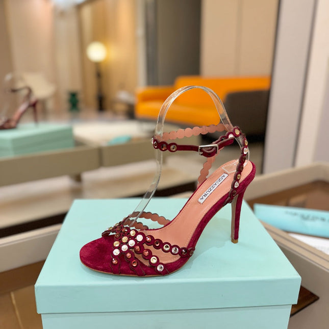 AQUAZZURA 26S STRAPPY HIGH HEELS 105 MM IN DARK RED SUEDE