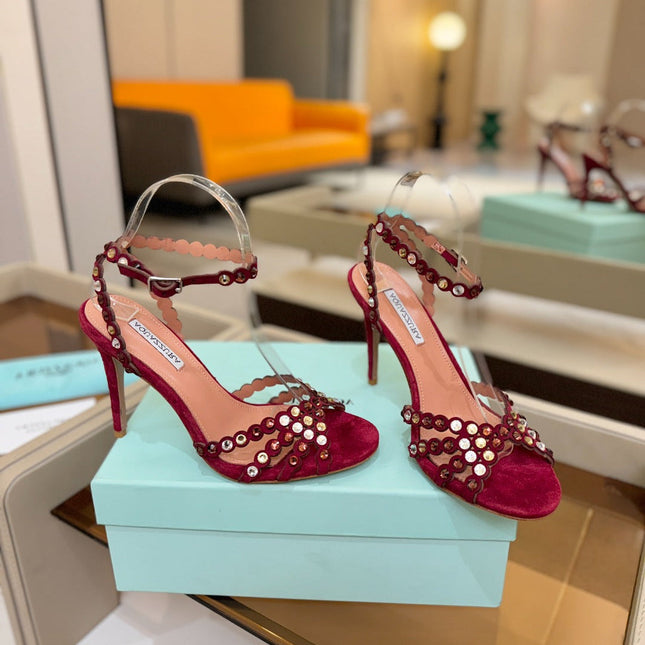 AQUAZZURA 26S STRAPPY HIGH HEELS 105 MM IN DARK RED SUEDE