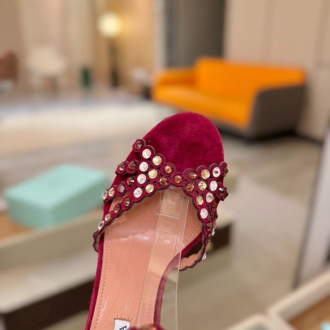 AQUAZZURA 26S STRAPPY HIGH HEELS 105 MM IN DARK RED SUEDE