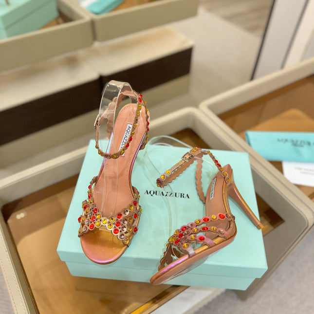 AQUAZZURA 26S STRAPPY HIGH HEELS 105 MM IN ROSE GOLD HOLOGRAM LAMBSKIN