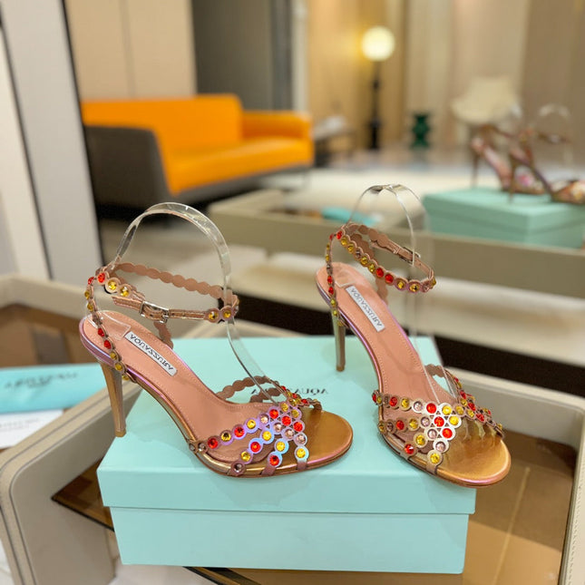 AQUAZZURA 26S STRAPPY HIGH HEELS 105 MM IN ROSE GOLD HOLOGRAM LAMBSKIN
