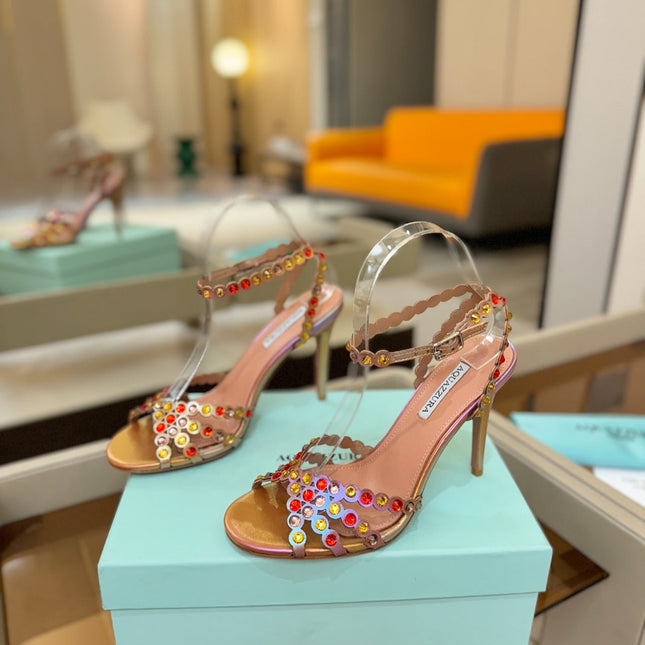 AQUAZZURA 26S STRAPPY HIGH HEELS 105 MM IN ROSE GOLD HOLOGRAM LAMBSKIN