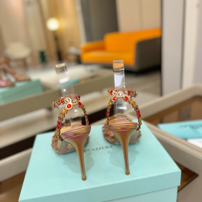 AQUAZZURA 26S STRAPPY HIGH HEELS 105 MM IN ROSE GOLD HOLOGRAM LAMBSKIN