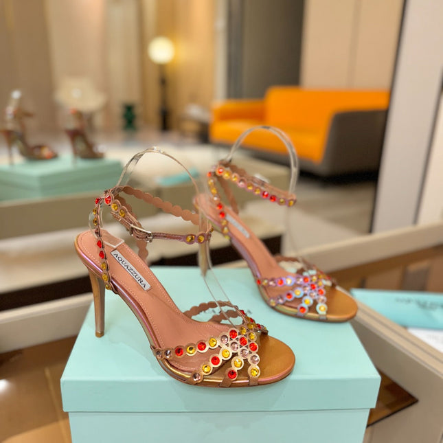 AQUAZZURA 26S STRAPPY HIGH HEELS 105 MM IN ROSE GOLD HOLOGRAM LAMBSKIN