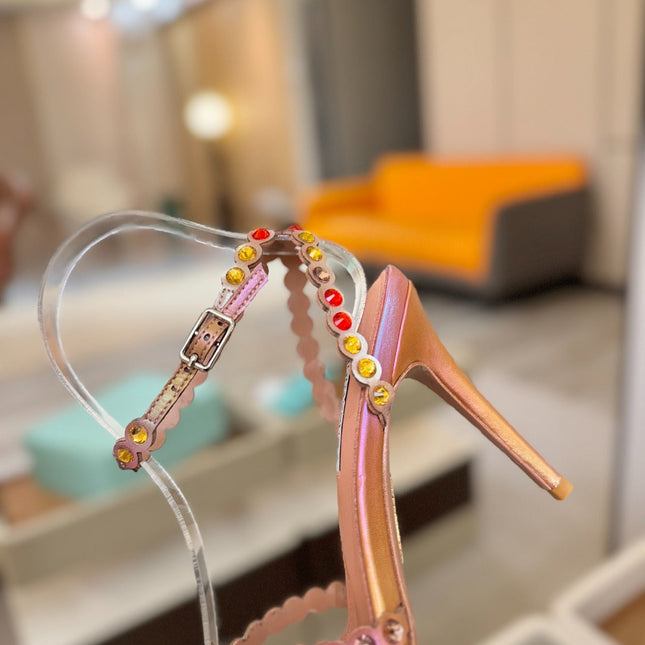 AQUAZZURA 26S STRAPPY HIGH HEELS 105 MM IN ROSE GOLD HOLOGRAM LAMBSKIN