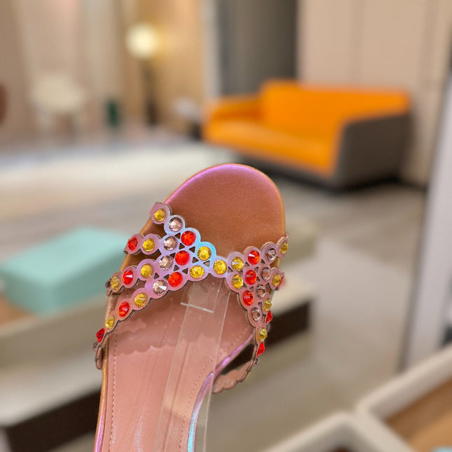 AQUAZZURA 26S STRAPPY HIGH HEELS 105 MM IN ROSE GOLD HOLOGRAM LAMBSKIN