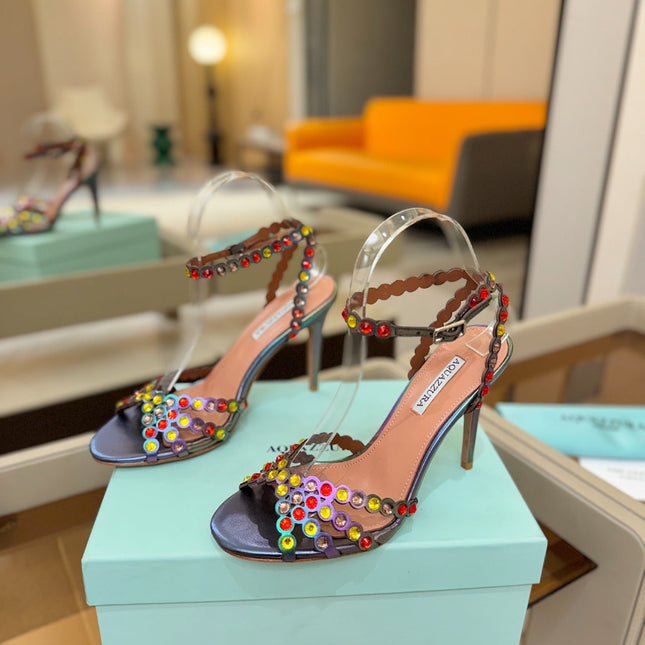 AQUAZZURA 26S STRAPPY HIGH HEELS 105 MM IN METALLIC LAMBSKIN
