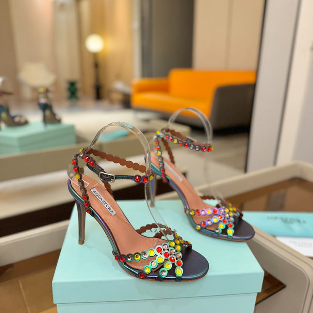 AQUAZZURA 26S STRAPPY HIGH HEELS 105 MM IN METALLIC LAMBSKIN