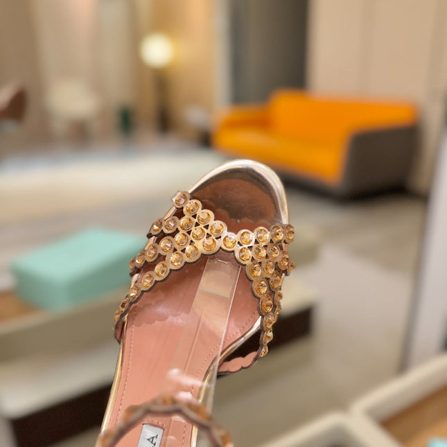 AQUAZZURA 26S STRAPPY HIGH HEELS 105 MM IN LIGHT GOLD PATENT LAMBSKIN