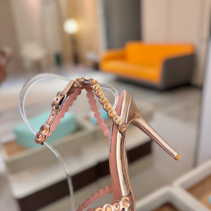 AQUAZZURA 26S STRAPPY HIGH HEELS 105 MM IN LIGHT GOLD PATENT LAMBSKIN