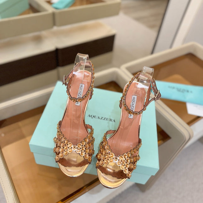 AQUAZZURA 26S STRAPPY HIGH HEELS 105 MM IN LIGHT GOLD PATENT LAMBSKIN