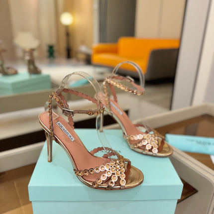 AQUAZZURA 26S STRAPPY HIGH HEELS 105 MM IN LIGHT GOLD PATENT LAMBSKIN
