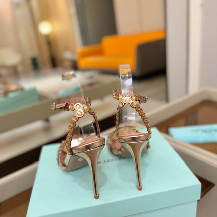 AQUAZZURA 26S STRAPPY HIGH HEELS 105 MM IN LIGHT GOLD PATENT LAMBSKIN