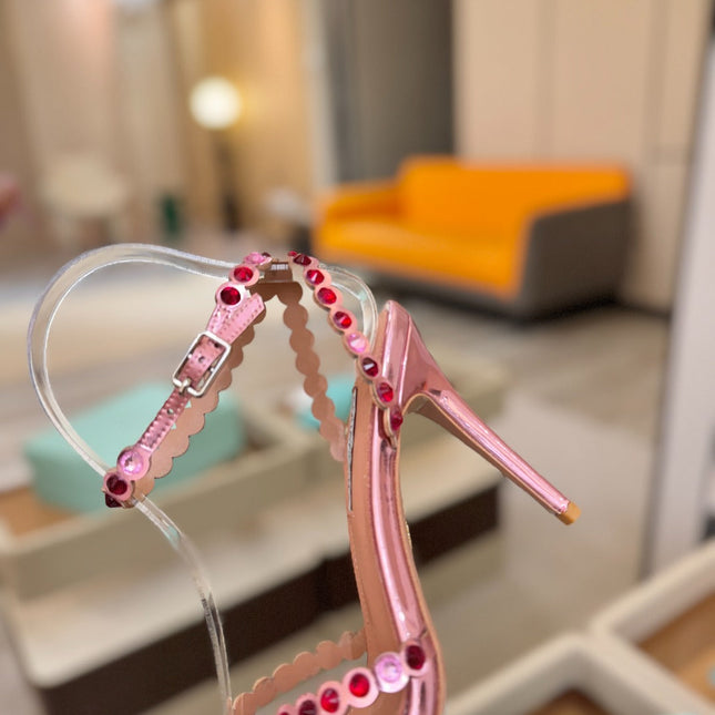 AQUAZZURA 26S STRAPPY HIGH HEELS 105 MM IN PINK PATENT LAMBSKIN
