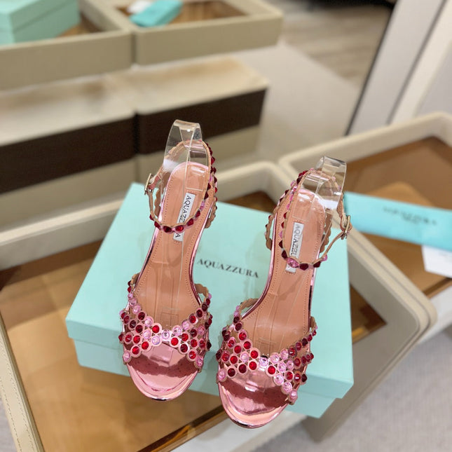AQUAZZURA 26S STRAPPY HIGH HEELS 105 MM IN PINK PATENT LAMBSKIN