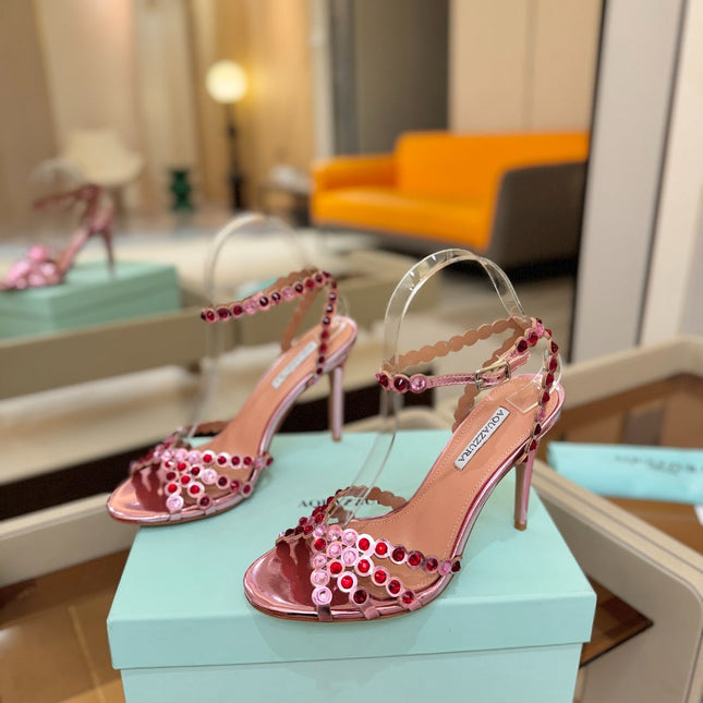 AQUAZZURA 26S STRAPPY HIGH HEELS 105 MM IN PINK PATENT LAMBSKIN