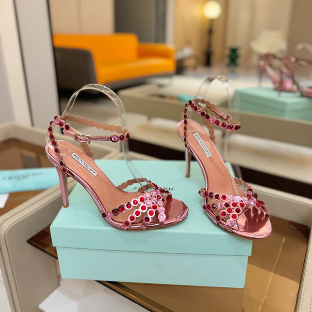 AQUAZZURA 26S STRAPPY HIGH HEELS 105 MM IN PINK PATENT LAMBSKIN