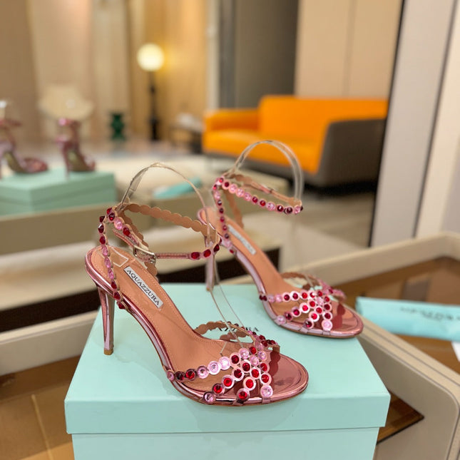 AQUAZZURA 26S STRAPPY HIGH HEELS 105 MM IN PINK PATENT LAMBSKIN
