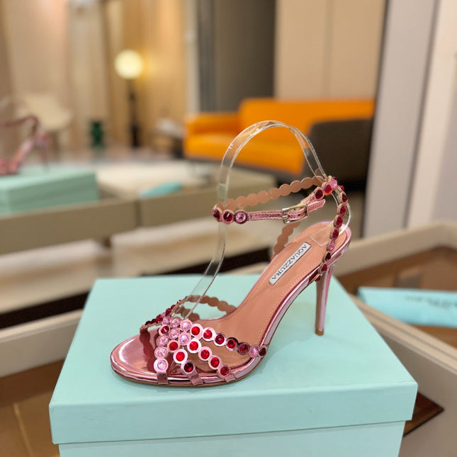 AQUAZZURA 26S STRAPPY HIGH HEELS 105 MM IN PINK PATENT LAMBSKIN