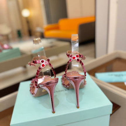 AQUAZZURA 26S STRAPPY HIGH HEELS 105 MM IN PINK PATENT LAMBSKIN