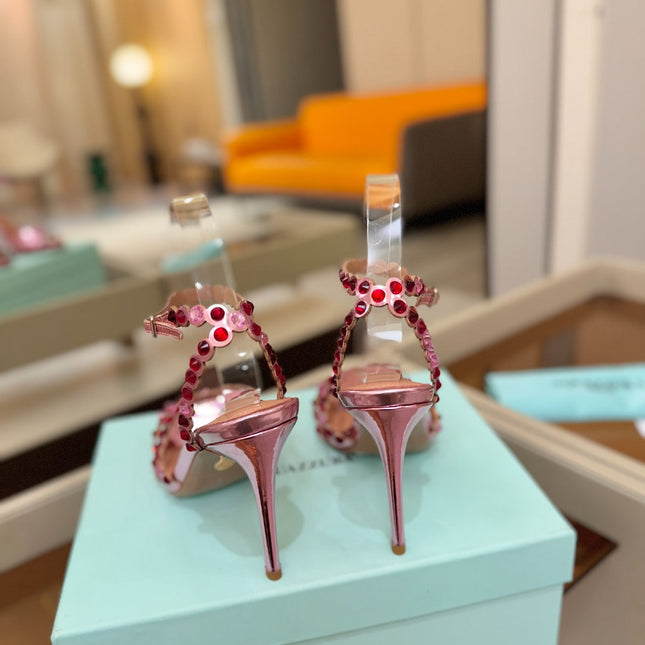 AQUAZZURA 26S STRAPPY HIGH HEELS 105 MM IN PINK PATENT LAMBSKIN