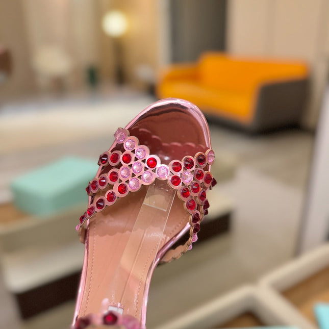 AQUAZZURA 26S STRAPPY HIGH HEELS 105 MM IN PINK PATENT LAMBSKIN