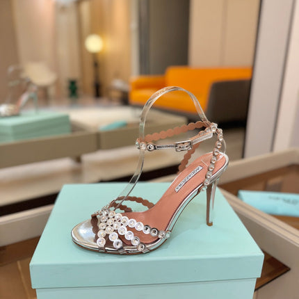 AQUAZZURA 26S STRAPPY HIGH HEELS 105 MM IN SILVER PATENT LAMBSKIN