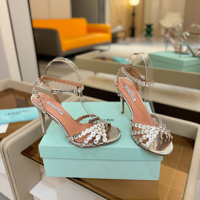 AQUAZZURA 26S STRAPPY HIGH HEELS 105 MM IN SILVER PATENT LAMBSKIN