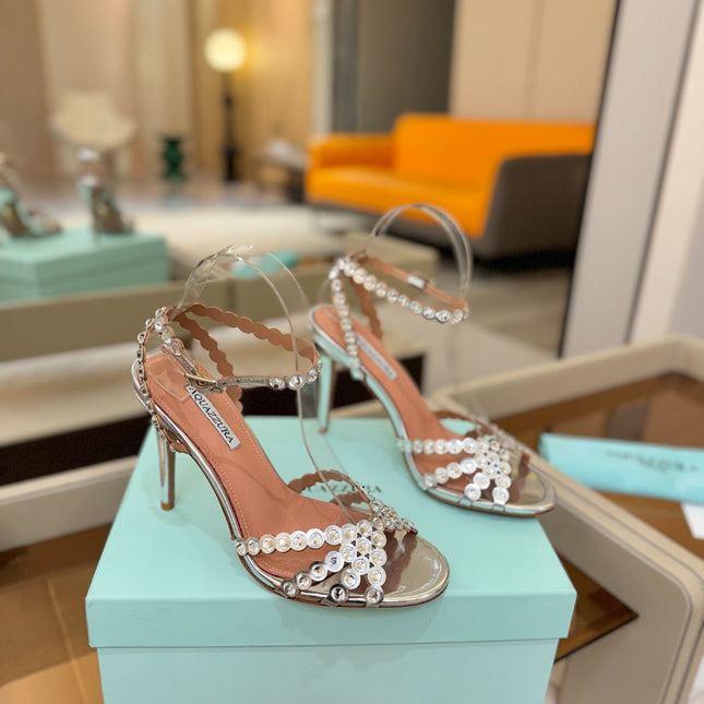 AQUAZZURA 26S STRAPPY HIGH HEELS 105 MM IN SILVER PATENT LAMBSKIN