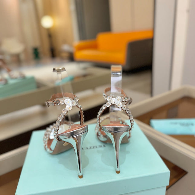 AQUAZZURA 26S STRAPPY HIGH HEELS 105 MM IN SILVER PATENT LAMBSKIN