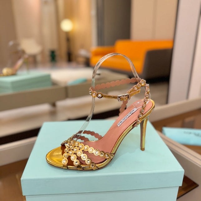 AQUAZZURA 26S STRAPPY HIGH HEELS 105 MM IN GOLD PATENT LAMBSKIN