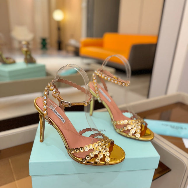 AQUAZZURA 26S STRAPPY HIGH HEELS 105 MM IN GOLD PATENT LAMBSKIN