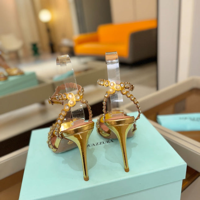 AQUAZZURA 26S STRAPPY HIGH HEELS 105 MM IN GOLD PATENT LAMBSKIN