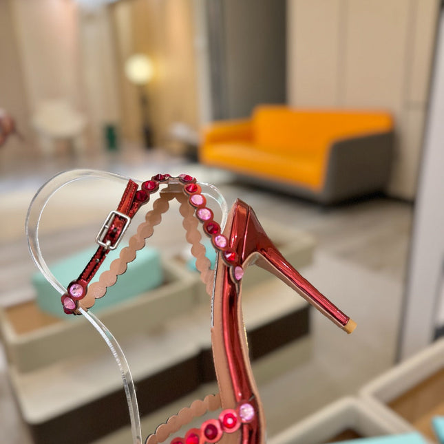 AQUAZZURA 26S STRAPPY HIGH HEELS 105 MM IN DARK RED PATENT LAMBSKIN